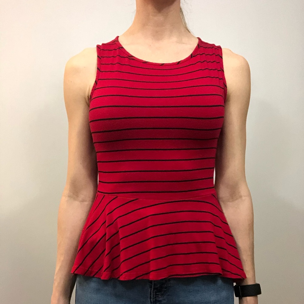 Red and black stripped peplum top.